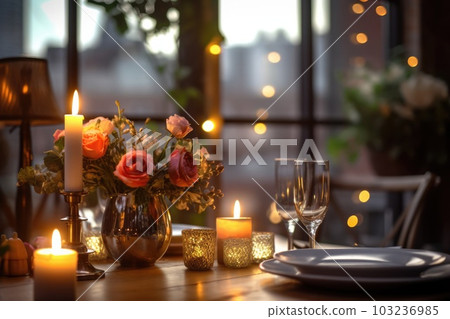 Romantic table setting with candles and flowers 103236985