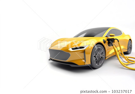 Charging electric city car in yellow clorour. Electromobility and ecology. 103237017