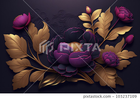 Floral botanical 3d design in plum, violet, magenta, gold for greeting card, invitation, beauty products, fashion, template banner. Luxury art deco dark background. AI generated. 103237109