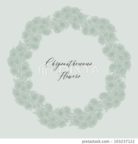 Hand drawn chrysanthemum flower wreath in green-cyan color, vector illustration, ornate design for invitation or wedding decor, label, branding, greetings Hand drawn chrysanthemum flower wreath in green-cyan color, vector illustration, ornate design for invitation or wedding decor, label, branding, greetings 103237122