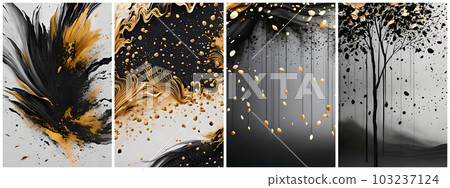 Abstract art posters, black ink splash painting with gold for interior design, decor, packaging, invitation, print. AI generated. Abstract art posters, black ink splash painting with gold for interior design, decor, packaging, invitation, print. AI generated. 103237124