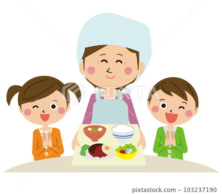 A pop family, a woman serving a meal with a child at Itadakimasu 103237190