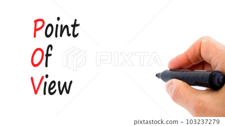 POV point of view symbol. Concept words POV point of view on white paper on a beautiful white background. Businessman hand. Business and POV point of view concept. Copy space. 103237279