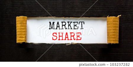 Market share symbol. Concept words Market share on beautiful white paper. Beautiful black paper cardboard background. Business and Market share concept. Copy space. 103237282
