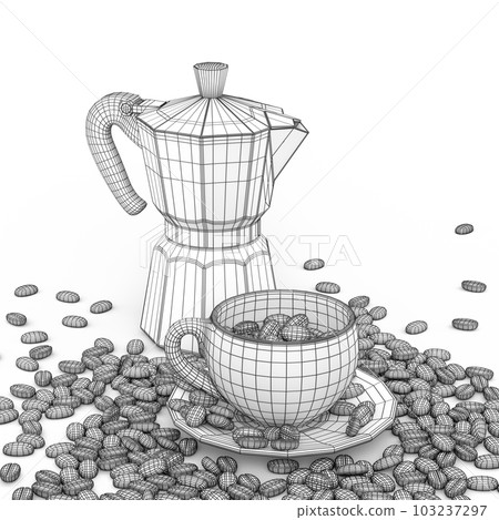 Italian geyser coffee maker a la moka and ceramic coffee cup on white 103237297