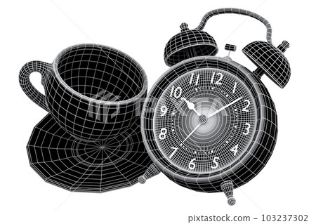 Vintage alarm clock with ceramic coffee cup on green background. 103237302