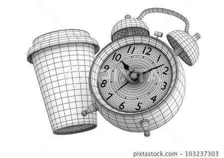 Vintage alarm clock with paper coffee cup on green background. 103237303