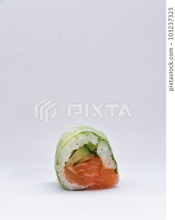 Sushi rolls japanese food isolated on white background. California Sushi roll with tuna, vegetables and unagi sauce closeup. Japan restaurant menu. 103237325