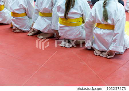Children in kimono sitting in a line on tatami Children in kimono sitting in a line on tatami 103237373