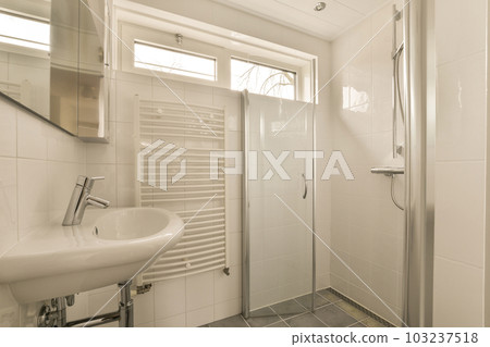 a bathroom with a sink, mirror and shower stall in the same room on the left side of the photo 103237518