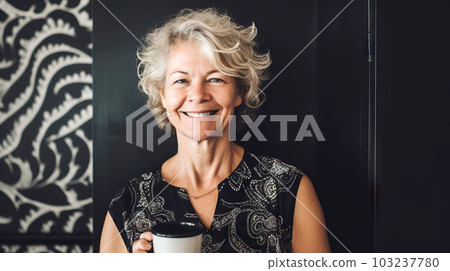 Elderly woman wearing a black and white outfit in a minimalist living room - generative AI, AI generated 103237780
