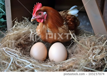 Chicken hatching eggs in the nest in chicken coop. Agriculture and farming concept. Generative AI. 103237874