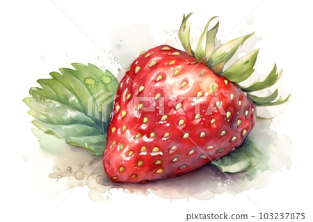 Ripe strawberry on white background, watercolor illustration. Generative AI. 103237875