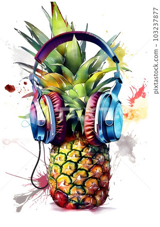 ?ineapple in headphones with colorful splashes on white background. Watercolor painting. Generative AI. 103237877