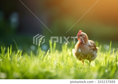 Little chicken on the grass with copyspace, sunny day. Agriculture and farming. Generative AI. 103237889