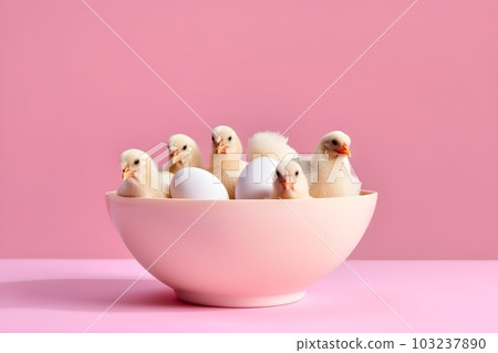 A bowl with little chickens and eggs on pink background with copyspace. Agriculture and farming concept. Generative AI. 103237890
