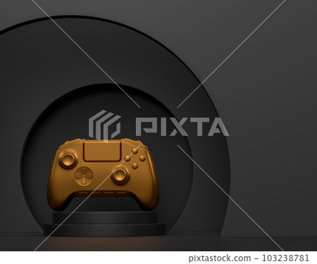 Video game joystick on cylinder podium with step on monochrome Video game joystick on cylinder podium with step on monochrome 103238781