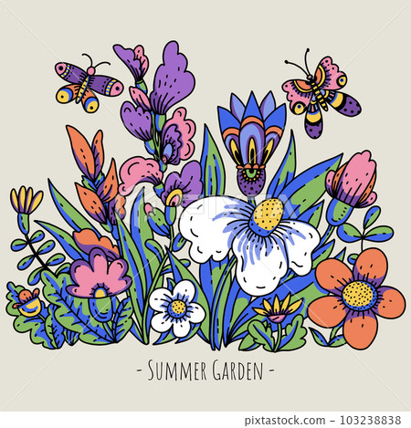 Cartoon summer flowers, modern blooming floral greeting card 103238838