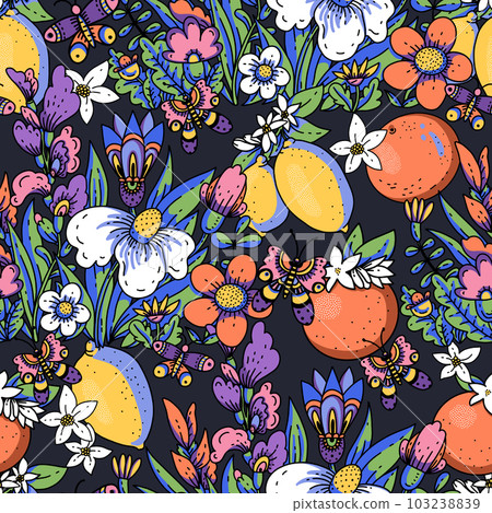 Cartoon summer flowers with fruit seamless pattern, bold modern floral texture 103238839