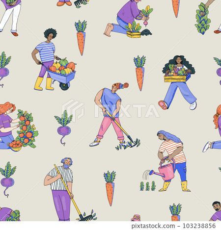 Summer garden people seamless pattern, cartoon character natural texture 103238856