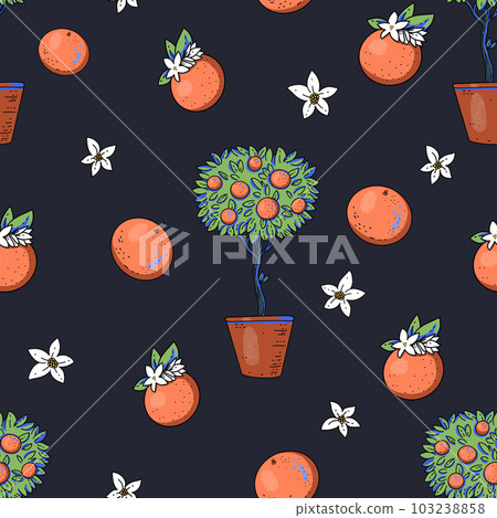 Summer garden orange fruit seamless pattern with flowers, bright texture Summer garden orange fruit seamless pattern with flowers, bright texture 103238858