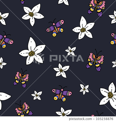 Cartoon summer flowers seamless pattern with flowers, blooming floral texture 103238876