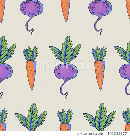 Summer garden carrot, beetroot cartoon vegetable seamless pattern, bright texture 103238877