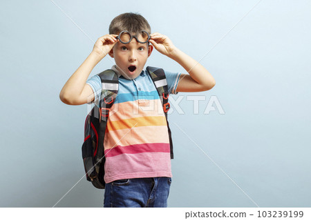 Surprised schoolboy in glasses with backpack on blue background. Back to school Surprised schoolboy in glasses with backpack on blue background. Back to school 103239199