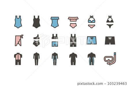 Vector icon set of various types of swimsuits and wet suits Vector icon set of various types of swimsuits and wet suits 103239463