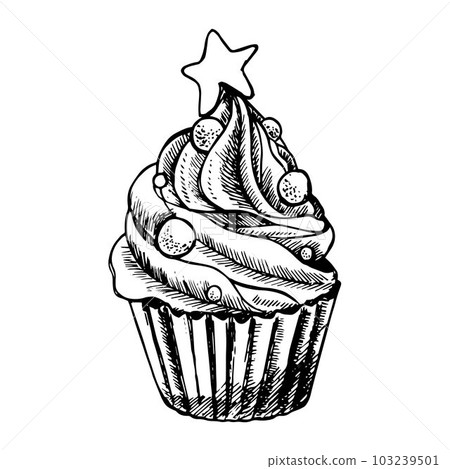 Vector black and white sketch illustration of cute creamy sweet cupcake. can be used for greeting cards or party invitations Vector black and white sketch illustration of cute creamy sweet cupcake. can be used for greeting cards or party invitations 103239501