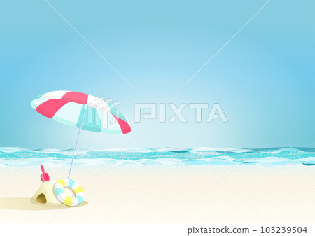 Summer sea background illustration with blue sky (beach umbrella, floating ring and sand play) 103239504