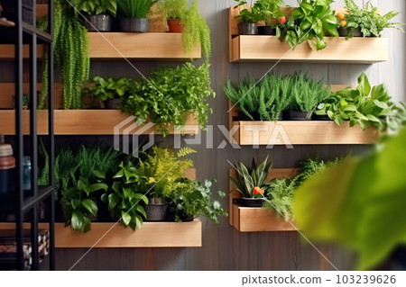 Vertical gardening in the apartment. Scandinavian interior style.  103239626
