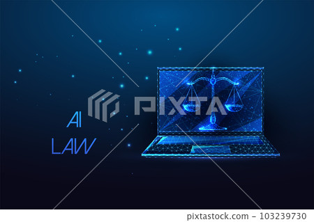 AI law, legal ethics, cybersecurity futuristic concept with laptop and scales on blue background 103239730
