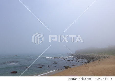 Inubosaki lighthouse and coast covered in fog 103241423