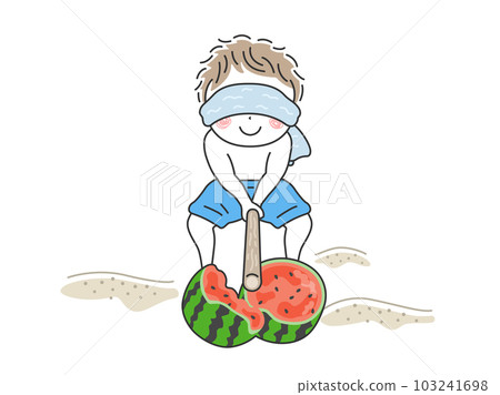 用西瓜劈刀劈西瓜的男孩插畫 103241698