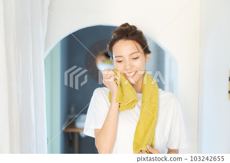 Portrait of a woman waking up in the morning 103242655