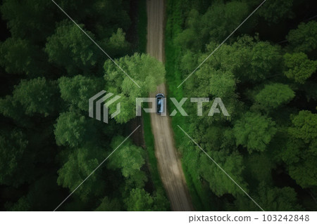 A beautiful aerial shot of a red car driving on a scenic road through a dense green forest. Perfect for travel or nature-themed projects. AI Generative. A beautiful aerial shot of a red car driving on a scenic road through a dense green forest. Perfect for travel or nature-themed projects. AI Generative. 103242848