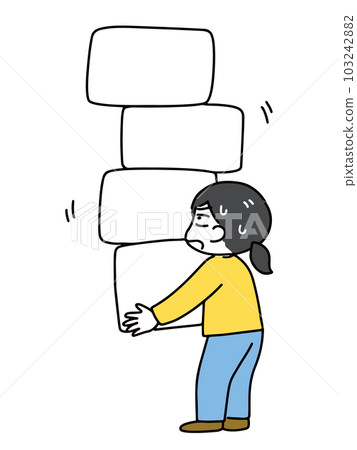 A young woman in casual clothes with a troubled expression, carrying a lot of luggage (full body). A young woman in casual clothes with a troubled expression, carrying a lot of luggage (full body). 103242882