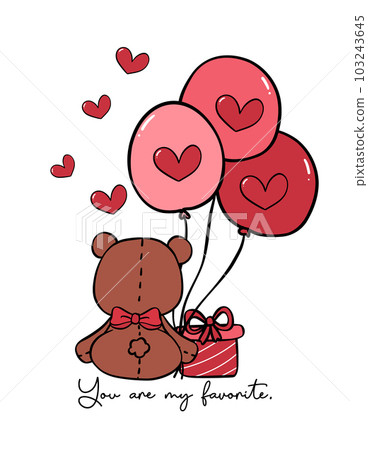 Cute romantic Teddy Bear with red bow hold balloons doodle hand drawing cartoon character outline isolated on white background Cute romantic Teddy Bear with red bow hold balloons doodle hand drawing cartoon character outline isolated on white background 103243645