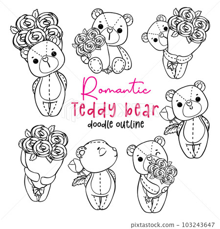 Cute romantic Valentine Teddy Bear with bouquet roses doodle hand drawing cartoon character outline for coloring page isolated on white background Cute romantic Valentine Teddy Bear with bouquet roses doodle hand drawing cartoon character outline for coloring page isolated on white background 103243647