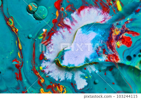 Abstract animal face popping from vibrant painting surface burst of white and bubble spheres 103244115