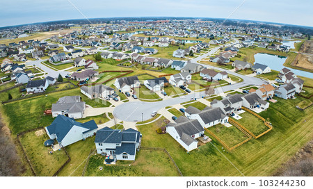 Drone aerial of Midwest American suburban neighborhood houses with ponds and housing addition and cul-de-sac Drone aerial of Midwest American suburban neighborhood houses with ponds and housing addition and cul-de-sac 103244230