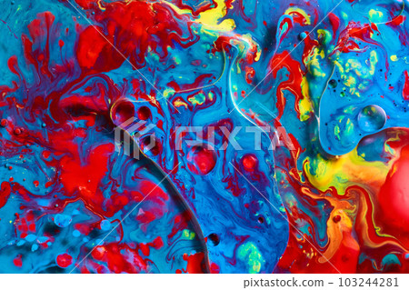 Sea of vibrant colors swirling oil in background asset with bubbles and milk 103244281