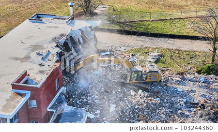 Rubble at demolition site aerial drone shot 103244360