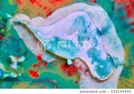 Speckled silver white paint oozes with oil vibrant splashes of color in sea of green abstract art 103244430