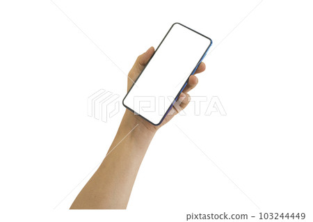 Male hand holding smart phone with white blank empty screen isolated on white background Male hand holding smart phone with white blank empty screen isolated on white background 103244449