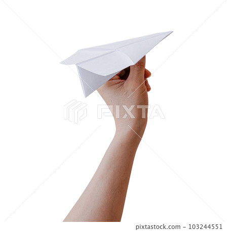 Hand holding paper plane isolated on white background with clipping path. Hand holding paper plane isolated on white background with clipping path. 103244551