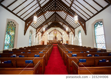 Church, pews, cathedral, chandeliers, bibles, religion, red carpet aisle, Christ, Jesus, god 103244906