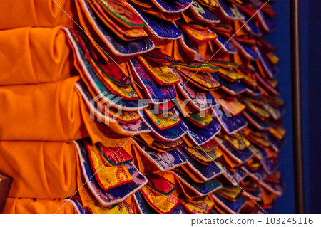 Ornate fabric inside Tibetan Mongolian Buddhist shrine Ornate fabric inside Tibetan Mongolian Buddhist shrine 103245116
