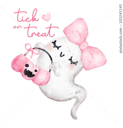 Cute happy smile pink hallooween ghost with empty pumpkin basket, trick or treat, cartoon character watercolour hand painted vector greeting card 103245145